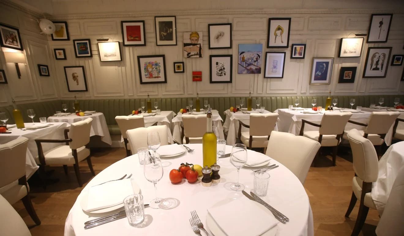 Bright lobby with contemporary art displayed